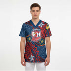 Personalised Sydney Roosters Scrub Top Polynesian Tribal Pattern With Rugby Rooster Mascot Art