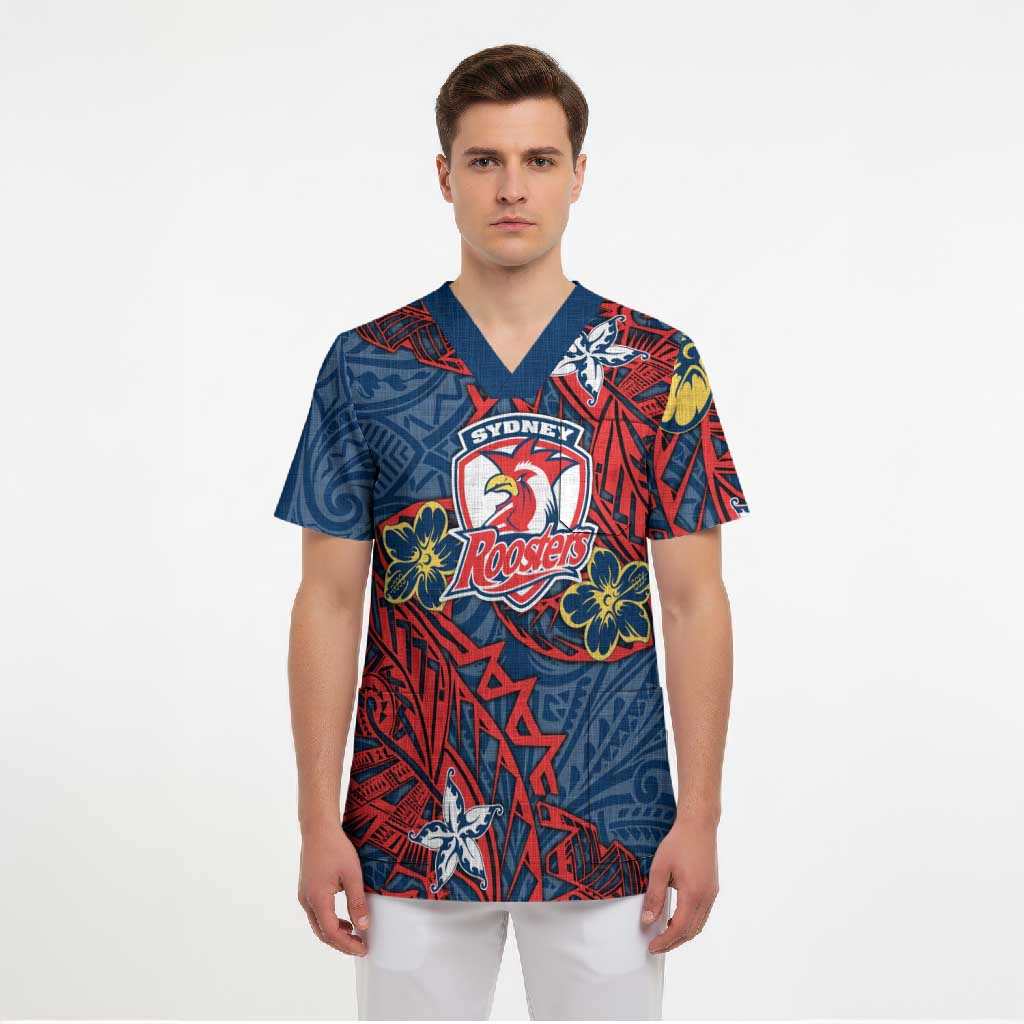 Personalised Sydney Roosters Scrub Top Polynesian Tribal Pattern With Rugby Rooster Mascot Art