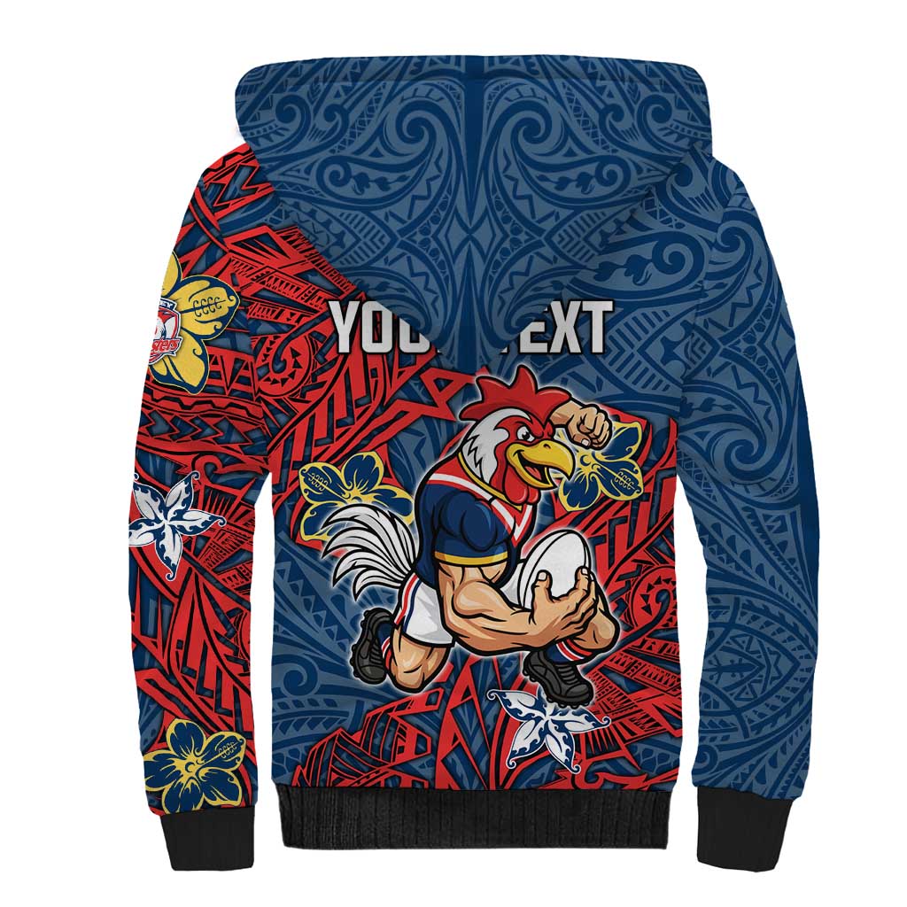 Personalised Sydney Roosters Sherpa Hoodie Polynesian Tribal Pattern With Rugby Rooster Mascot Art