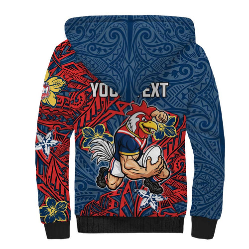 Personalised Sydney Roosters Sherpa Hoodie Polynesian Tribal Pattern With Rugby Rooster Mascot Art