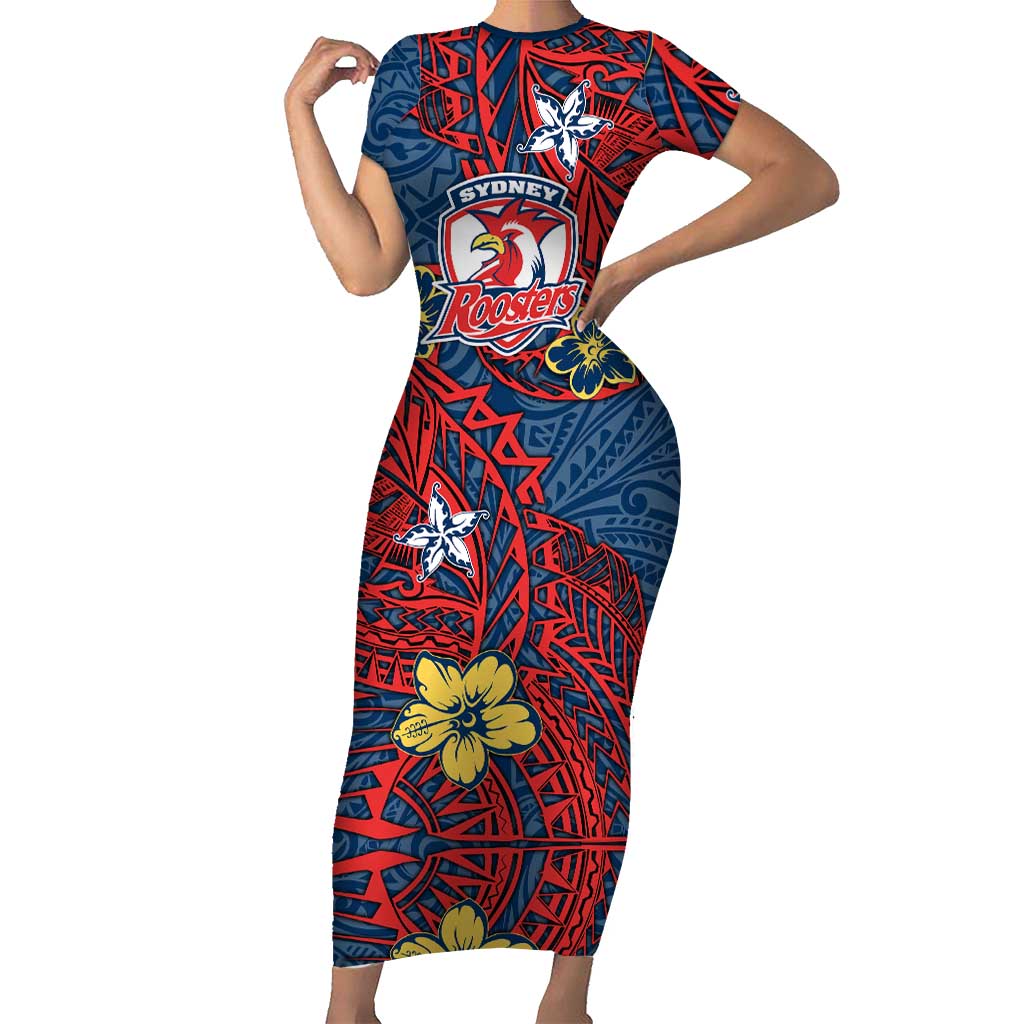 Personalised Sydney Roosters Short Sleeve Bodycon Dress Polynesian Tribal Pattern With Rugby Rooster Mascot Art