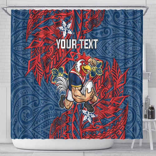 Personalised Sydney Roosters Shower Curtain Polynesian Tribal Pattern With Rugby Rooster Mascot Art