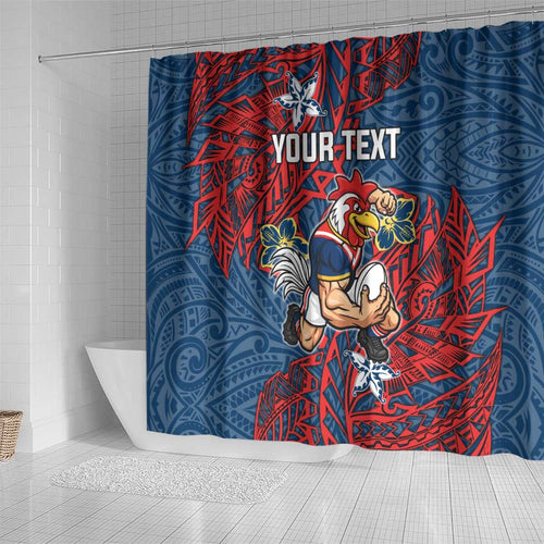 Personalised Sydney Roosters Shower Curtain Polynesian Tribal Pattern With Rugby Rooster Mascot Art