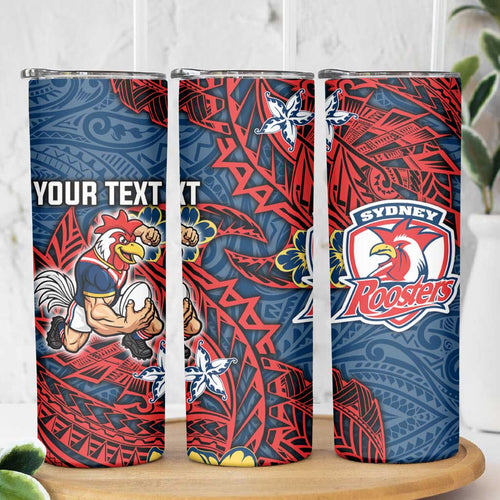 Personalised Sydney Roosters Skinny Tumbler Polynesian Tribal Pattern With Rugby Rooster Mascot Art