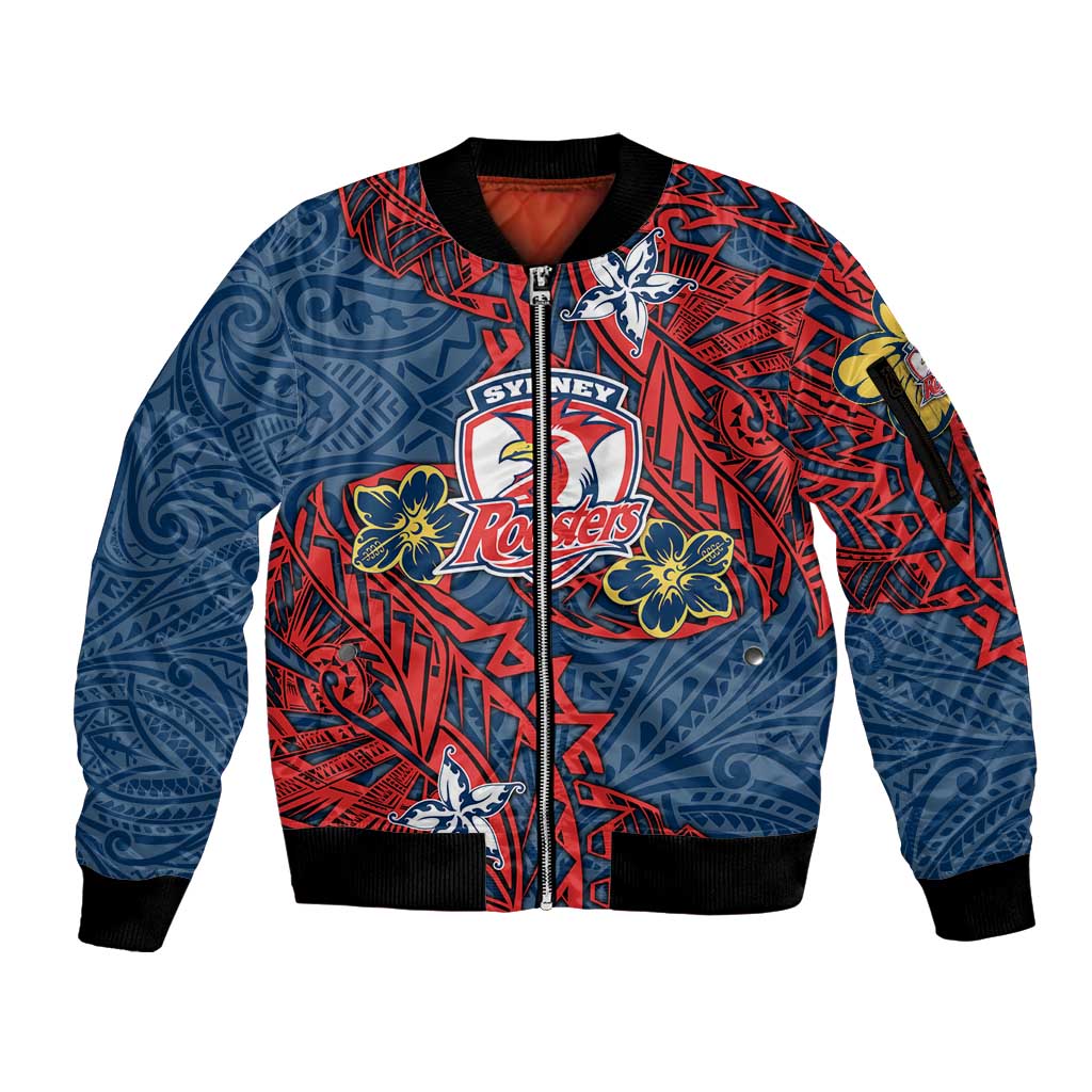 Personalised Sydney Roosters Sleeve Zip Bomber Jacket Polynesian Tribal Pattern With Rugby Rooster Mascot Art
