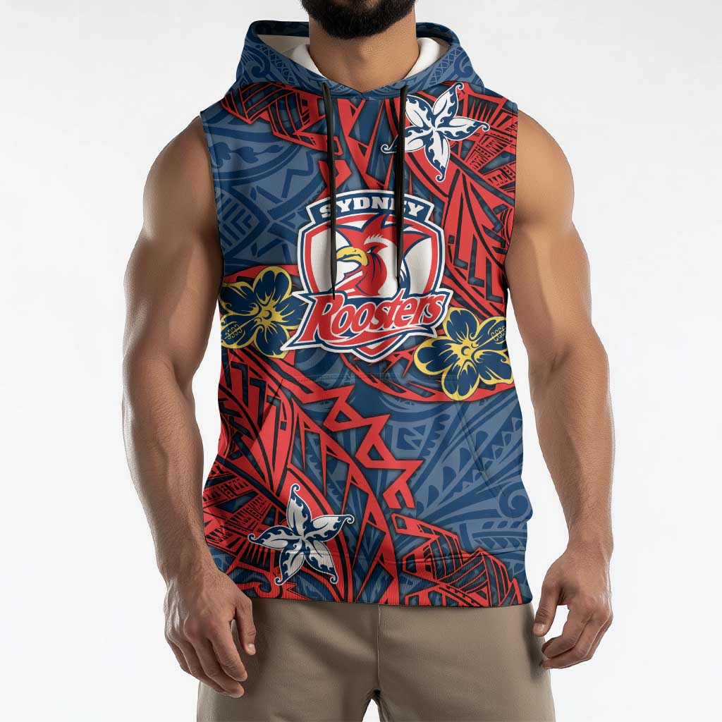 Personalised Sydney Roosters Sleeveless Hoodie Polynesian Tribal Pattern With Rugby Rooster Mascot Art