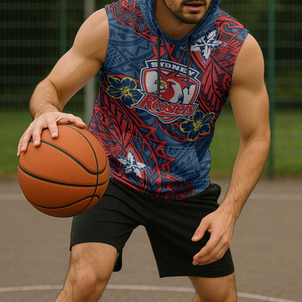 Personalised Sydney Roosters Sleeveless Hoodie Polynesian Tribal Pattern With Rugby Rooster Mascot Art