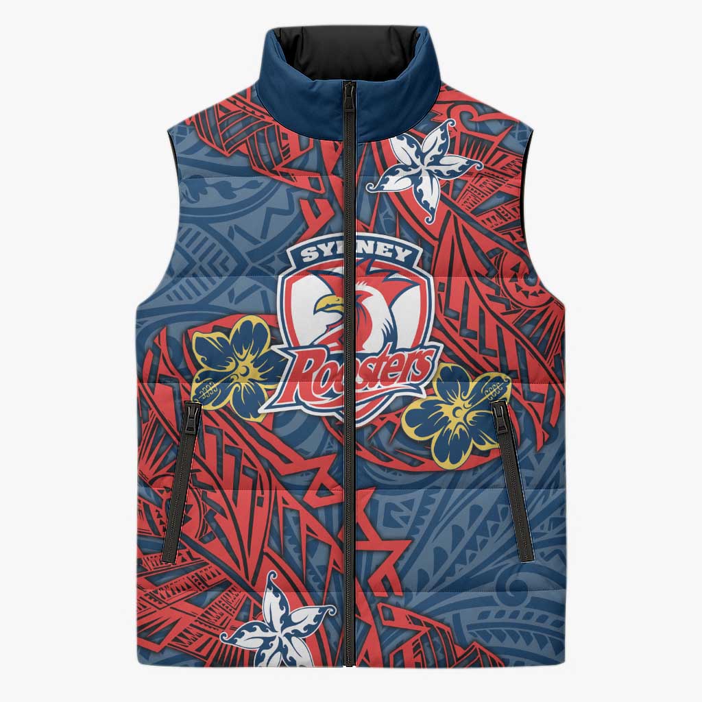 Personalised Sydney Roosters Sleeveless Puffer Jacket Polynesian Tribal Pattern With Rugby Rooster Mascot Art
