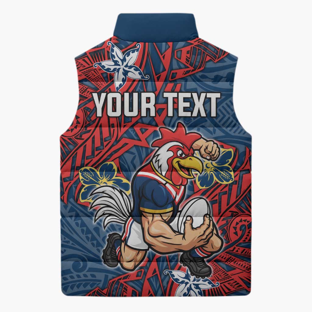 Personalised Sydney Roosters Sleeveless Puffer Jacket Polynesian Tribal Pattern With Rugby Rooster Mascot Art