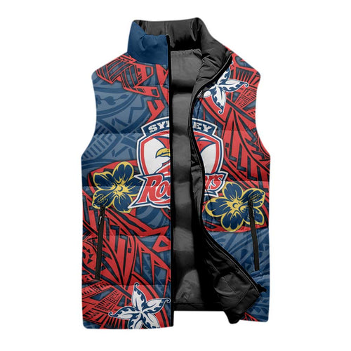 Personalised Sydney Roosters Sleeveless Puffer Jacket Polynesian Tribal Pattern With Rugby Rooster Mascot Art
