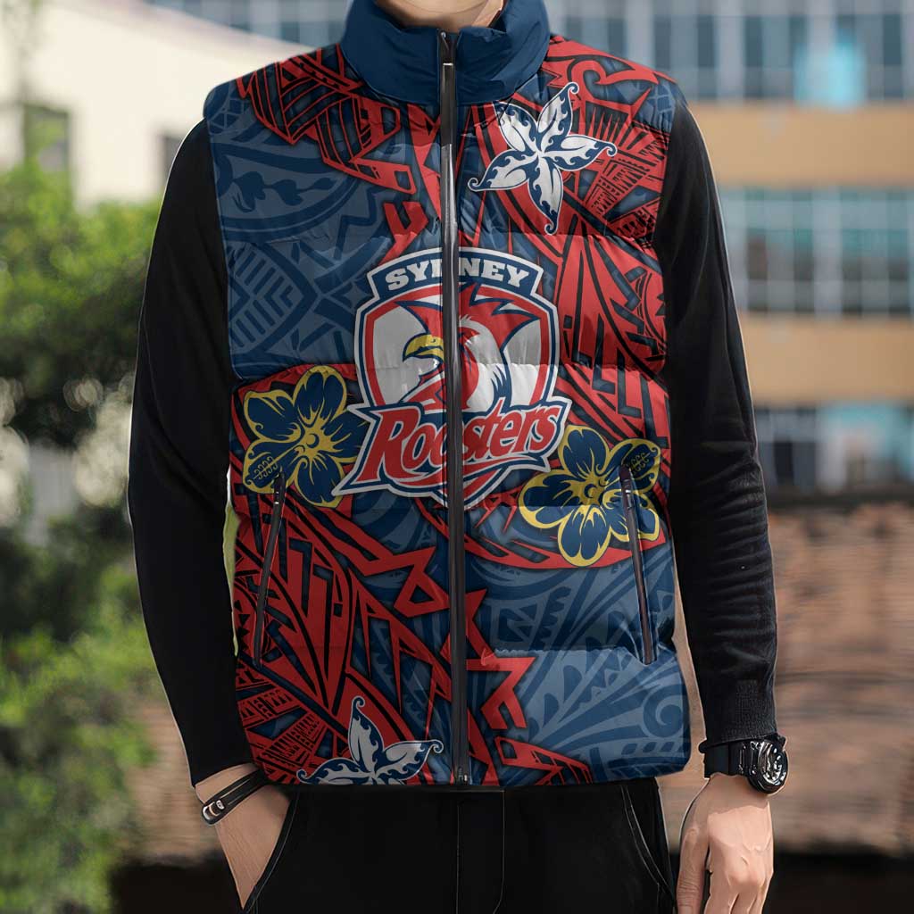 Personalised Sydney Roosters Sleeveless Puffer Jacket Polynesian Tribal Pattern With Rugby Rooster Mascot Art