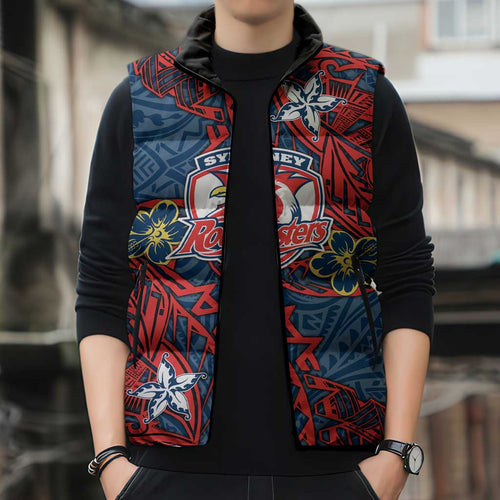 Personalised Sydney Roosters Sleeveless Puffer Jacket Polynesian Tribal Pattern With Rugby Rooster Mascot Art