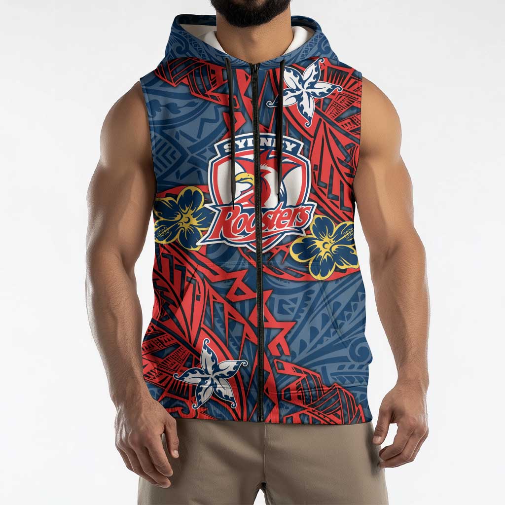 Personalised Sydney Roosters Sleeveless Zip Hoodie Polynesian Tribal Pattern With Rugby Rooster Mascot Art