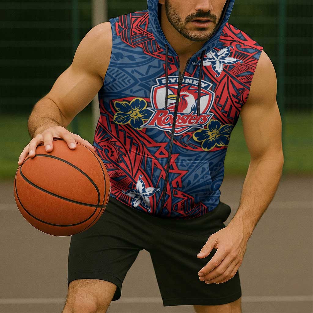 Personalised Sydney Roosters Sleeveless Zip Hoodie Polynesian Tribal Pattern With Rugby Rooster Mascot Art