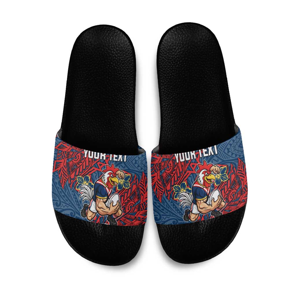 Personalised Sydney Roosters Slide Sandals Polynesian Tribal Pattern With Rugby Rooster Mascot Art
