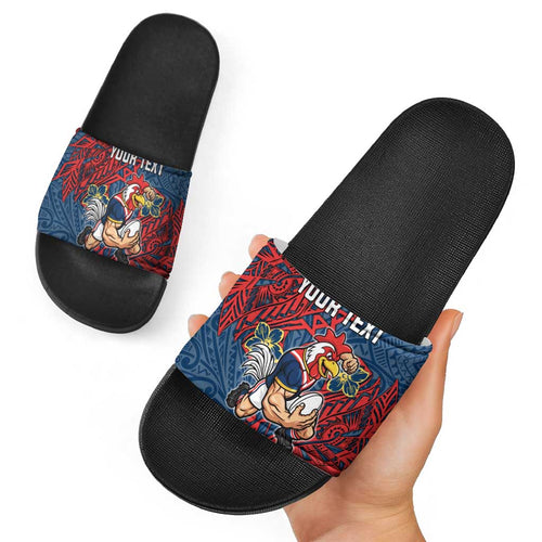 Personalised Sydney Roosters Slide Sandals Polynesian Tribal Pattern With Rugby Rooster Mascot Art