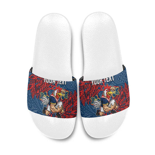 Personalised Sydney Roosters Slide Sandals Polynesian Tribal Pattern With Rugby Rooster Mascot Art