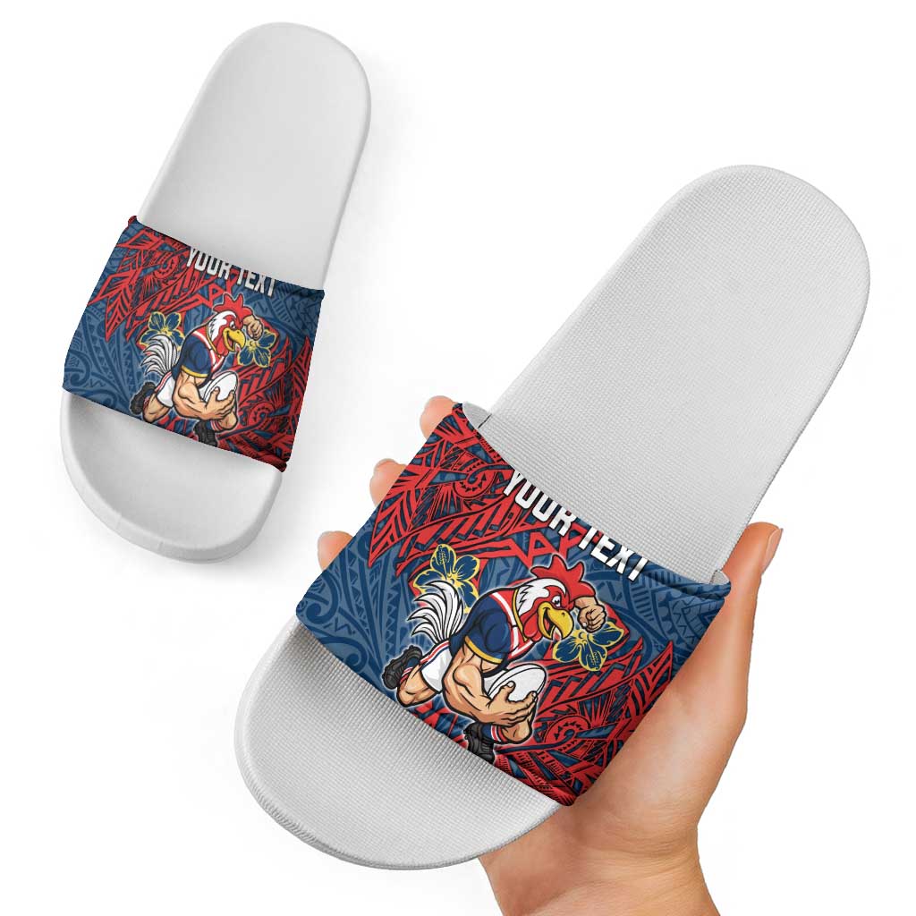 Personalised Sydney Roosters Slide Sandals Polynesian Tribal Pattern With Rugby Rooster Mascot Art