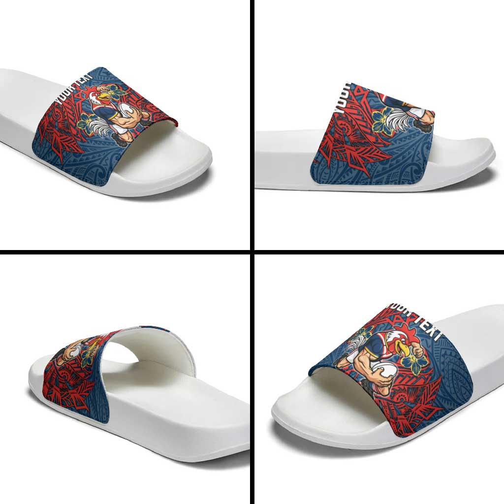 Personalised Sydney Roosters Slide Sandals Polynesian Tribal Pattern With Rugby Rooster Mascot Art