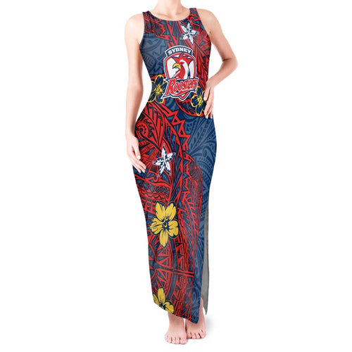 Personalised Sydney Roosters Tank Maxi Dress Polynesian Tribal Pattern With Rugby Rooster Mascot Art