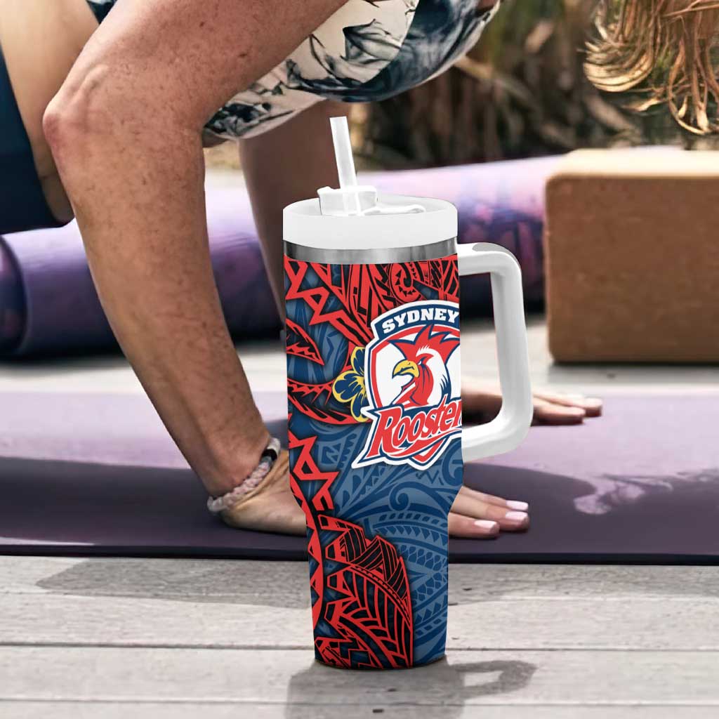Personalised Sydney Roosters Tumbler With Handle Polynesian Tribal Pattern With Rugby Rooster Mascot Art