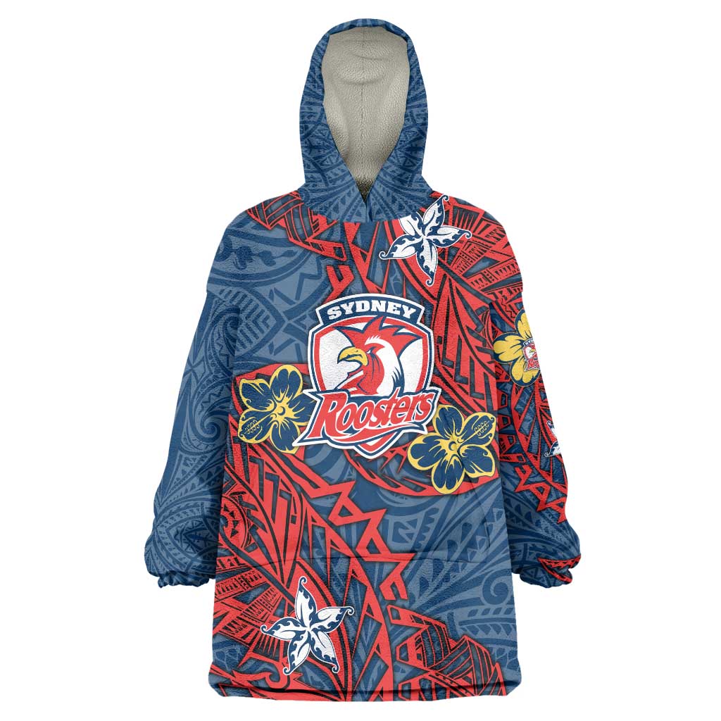 Personalised Sydney Roosters Wearable Blanket Hoodie Polynesian Tribal Pattern With Rugby Rooster Mascot Art