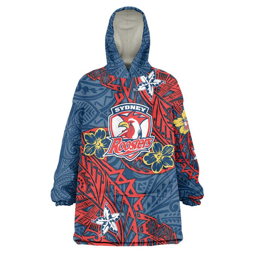 Personalised Sydney Roosters Wearable Blanket Hoodie Polynesian Tribal Pattern With Rugby Rooster Mascot Art