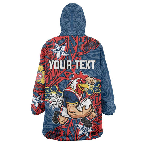 Personalised Sydney Roosters Wearable Blanket Hoodie Polynesian Tribal Pattern With Rugby Rooster Mascot Art