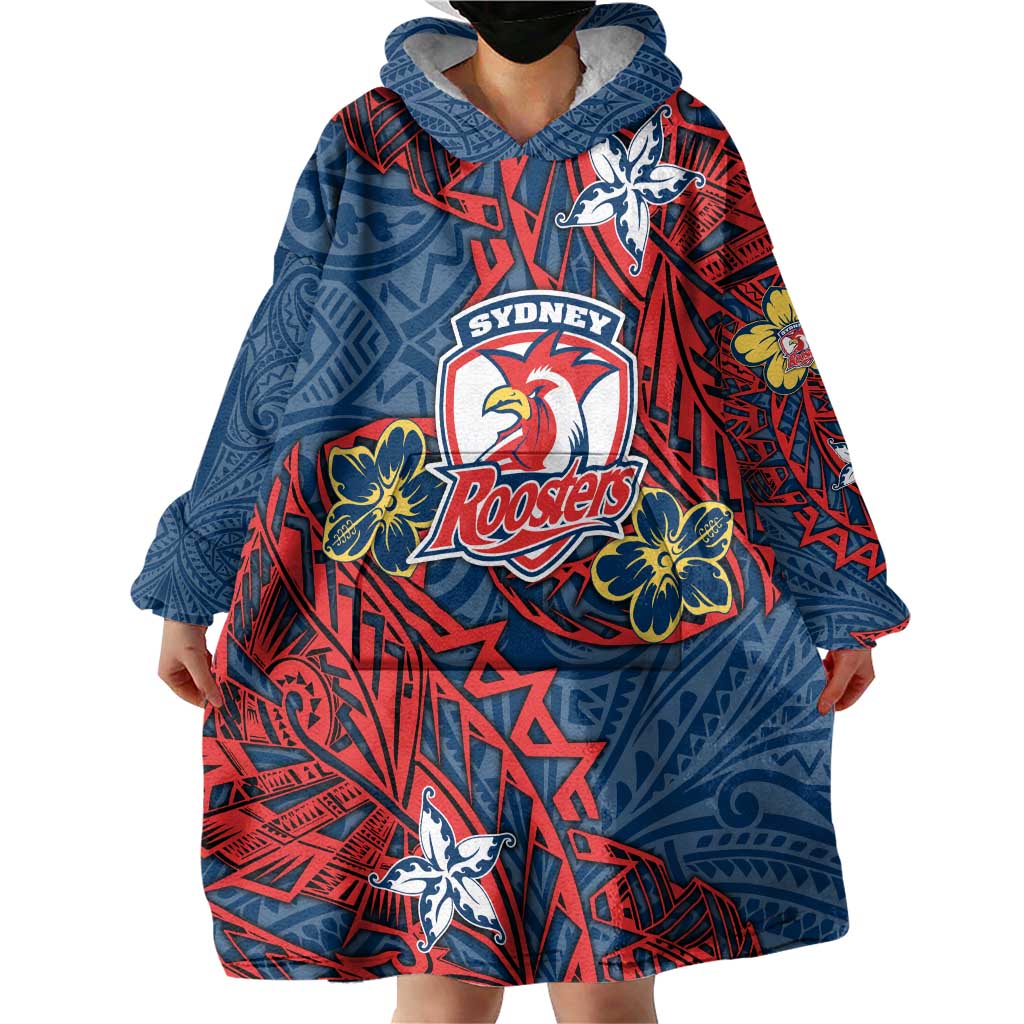 Personalised Sydney Roosters Wearable Blanket Hoodie Polynesian Tribal Pattern With Rugby Rooster Mascot Art