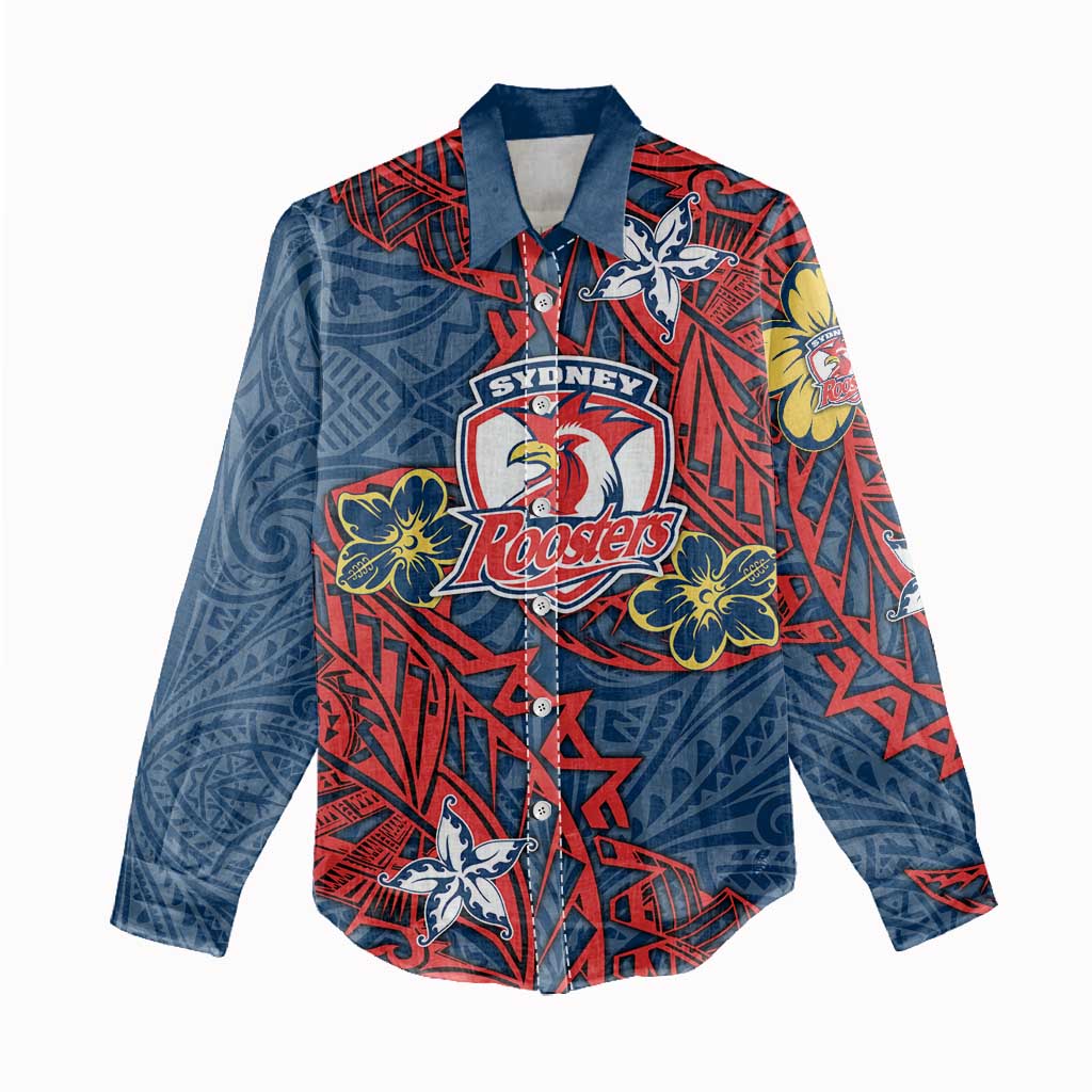 Personalised Sydney Roosters Women Casual Shirt Polynesian Tribal Pattern With Rugby Rooster Mascot Art