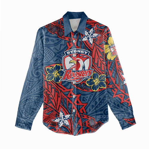 Personalised Sydney Roosters Women Casual Shirt Polynesian Tribal Pattern With Rugby Rooster Mascot Art
