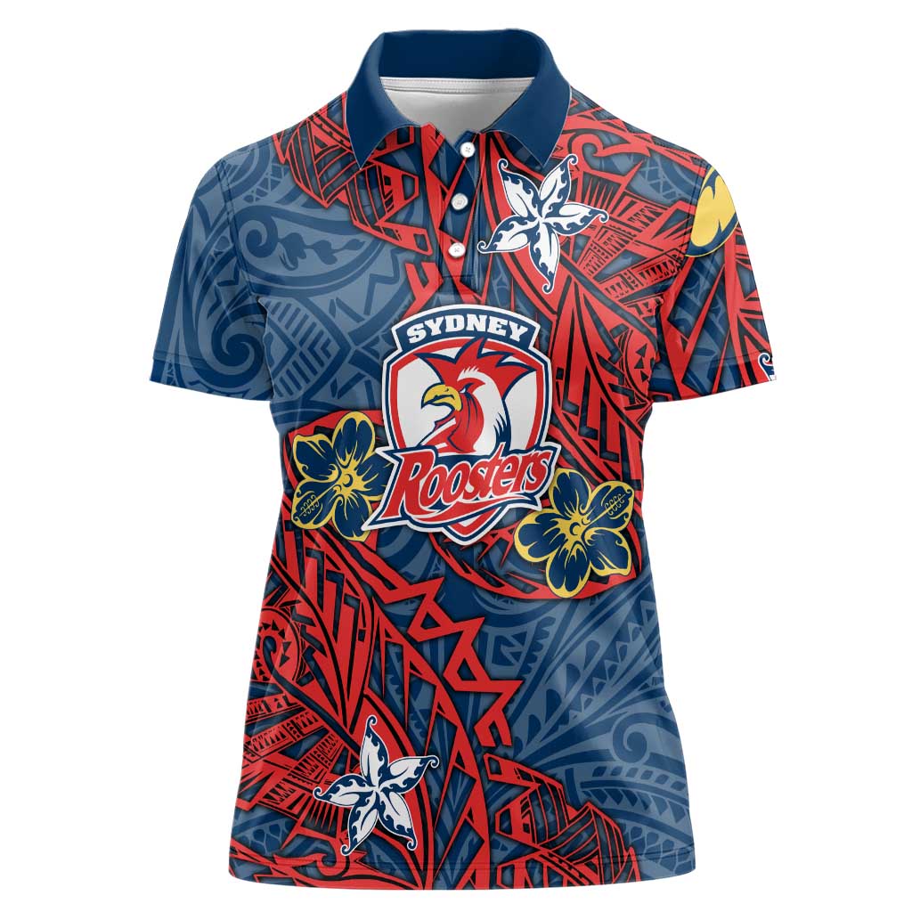 Personalised Sydney Roosters Women Polo Shirt Polynesian Tribal Pattern With Rugby Rooster Mascot Art