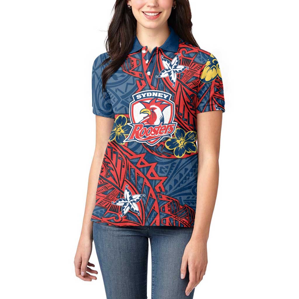 Personalised Sydney Roosters Women Polo Shirt Polynesian Tribal Pattern With Rugby Rooster Mascot Art