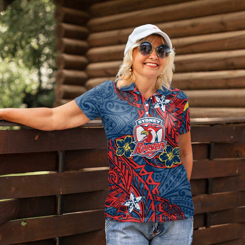 Personalised Sydney Roosters Women Polo Shirt Polynesian Tribal Pattern With Rugby Rooster Mascot Art
