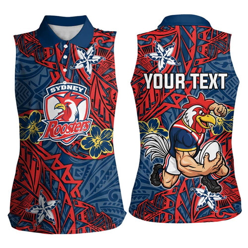 Personalised Sydney Roosters Women Sleeveless Polo Shirt Polynesian Tribal Pattern With Rugby Rooster Mascot Art