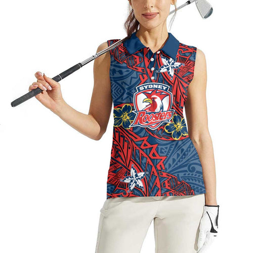 Personalised Sydney Roosters Women Sleeveless Polo Shirt Polynesian Tribal Pattern With Rugby Rooster Mascot Art