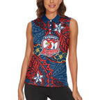 Personalised Sydney Roosters Women Sleeveless Polo Shirt Polynesian Tribal Pattern With Rugby Rooster Mascot Art