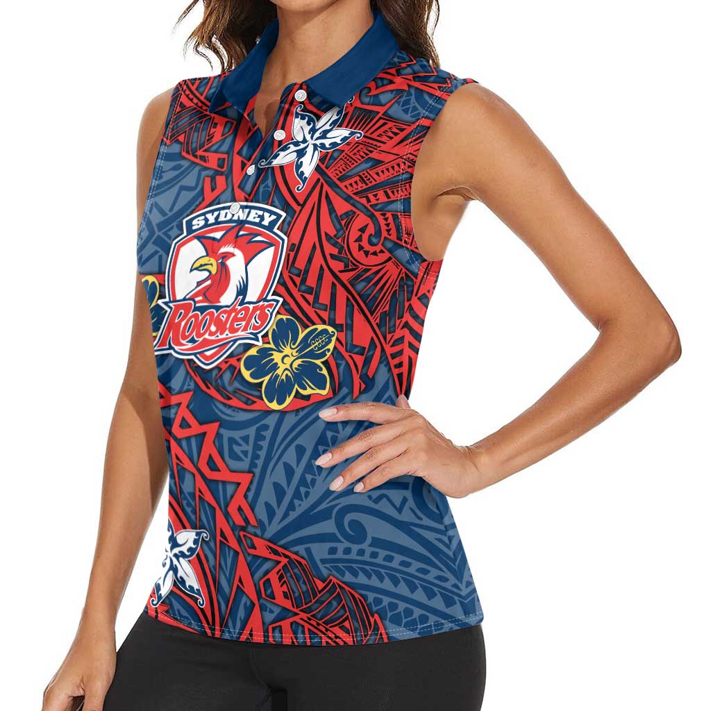 Personalised Sydney Roosters Women Sleeveless Polo Shirt Polynesian Tribal Pattern With Rugby Rooster Mascot Art