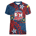 Personalised Sydney Roosters Women V-Neck T-Shirt Polynesian Tribal Pattern With Rugby Rooster Mascot Art