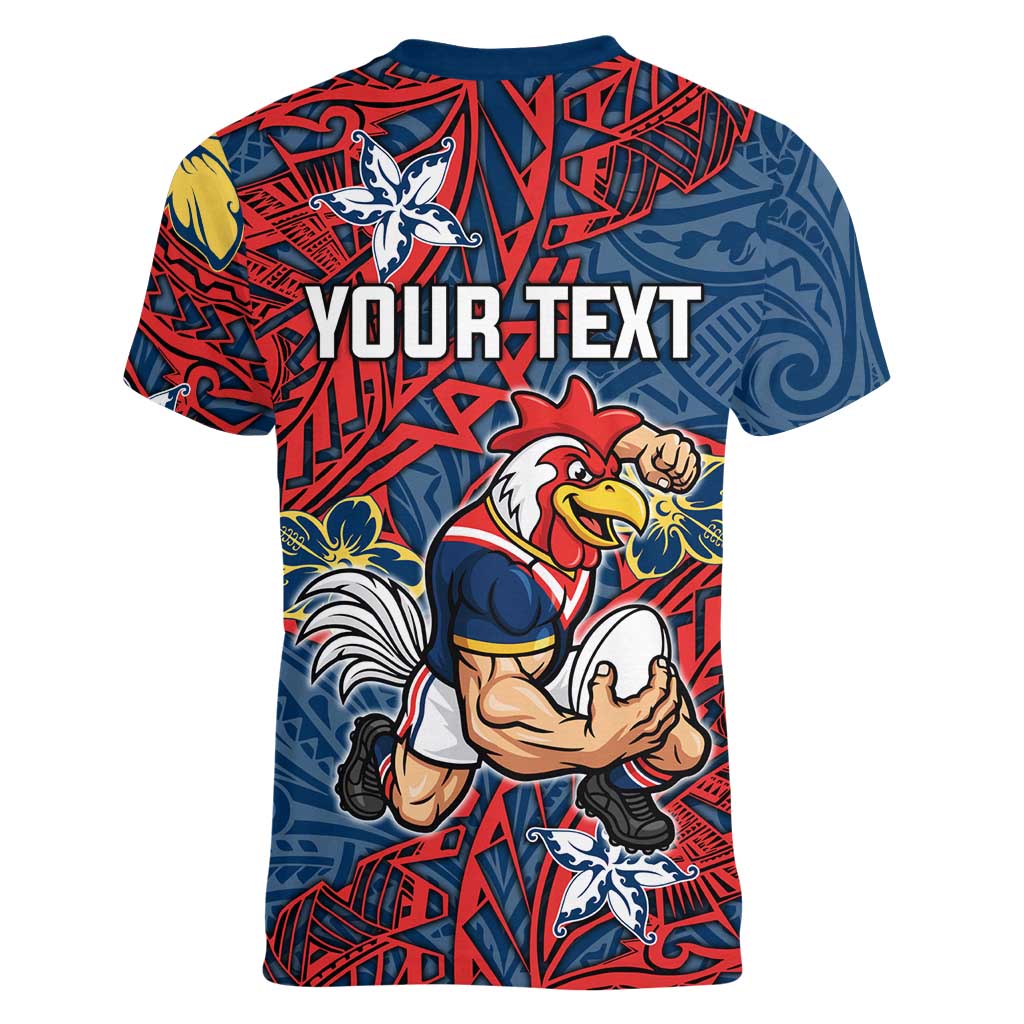 Personalised Sydney Roosters Women V-Neck T-Shirt Polynesian Tribal Pattern With Rugby Rooster Mascot Art