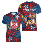 Personalised Sydney Roosters Women V-Neck T-Shirt Polynesian Tribal Pattern With Rugby Rooster Mascot Art