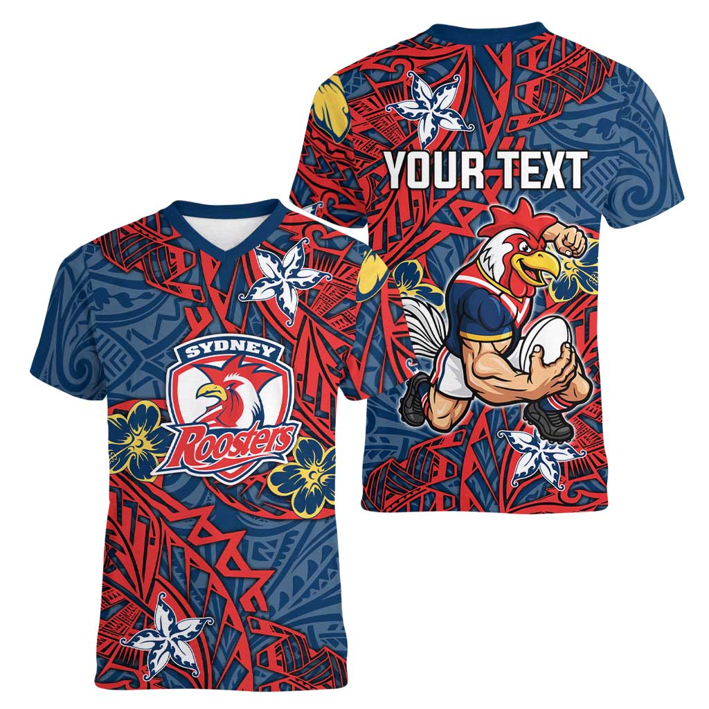 Personalised Sydney Roosters Women V-Neck T-Shirt Polynesian Tribal Pattern With Rugby Rooster Mascot Art