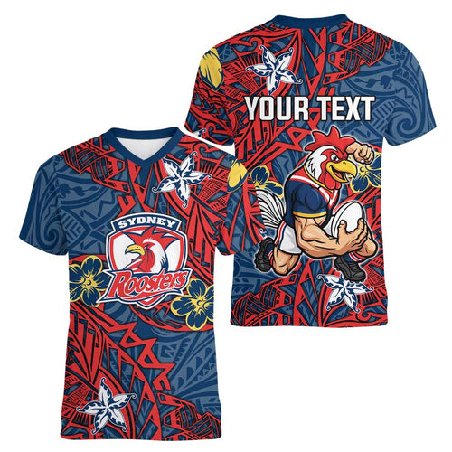 Personalised Sydney Roosters Women V-Neck T-Shirt Polynesian Tribal Pattern With Rugby Rooster Mascot Art