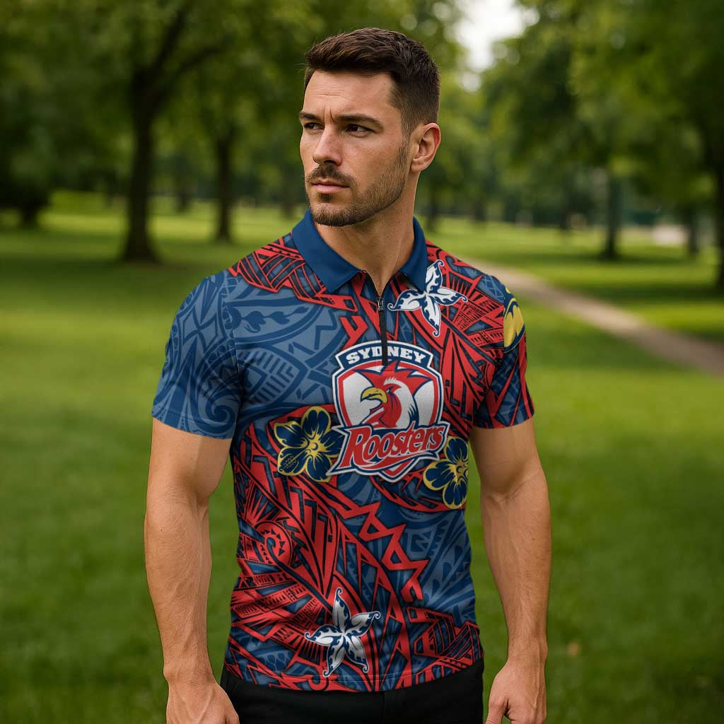 Personalised Sydney Roosters Zipper Polo Shirt Polynesian Tribal Pattern With Rugby Rooster Mascot Art