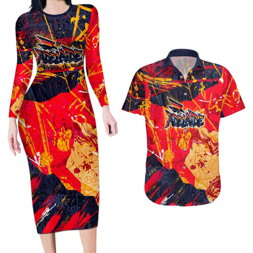 Personalized Adelaide Crows Couples Matching Long Sleeve Bodycon Dress and Hawaiian Shirt Australian Graffiti Paint Splatter - Abstract Geometric