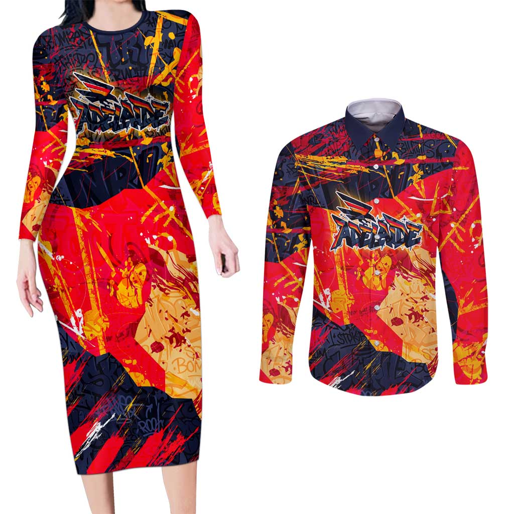 Personalized Adelaide Crows Couples Matching Long Sleeve Bodycon Dress and Long Sleeve Button Shirt Australian Graffiti Paint Splatter - Abstract Geometric