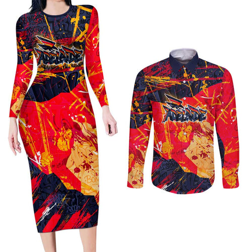 Personalized Adelaide Crows Couples Matching Long Sleeve Bodycon Dress and Long Sleeve Button Shirt Australian Graffiti Paint Splatter - Abstract Geometric