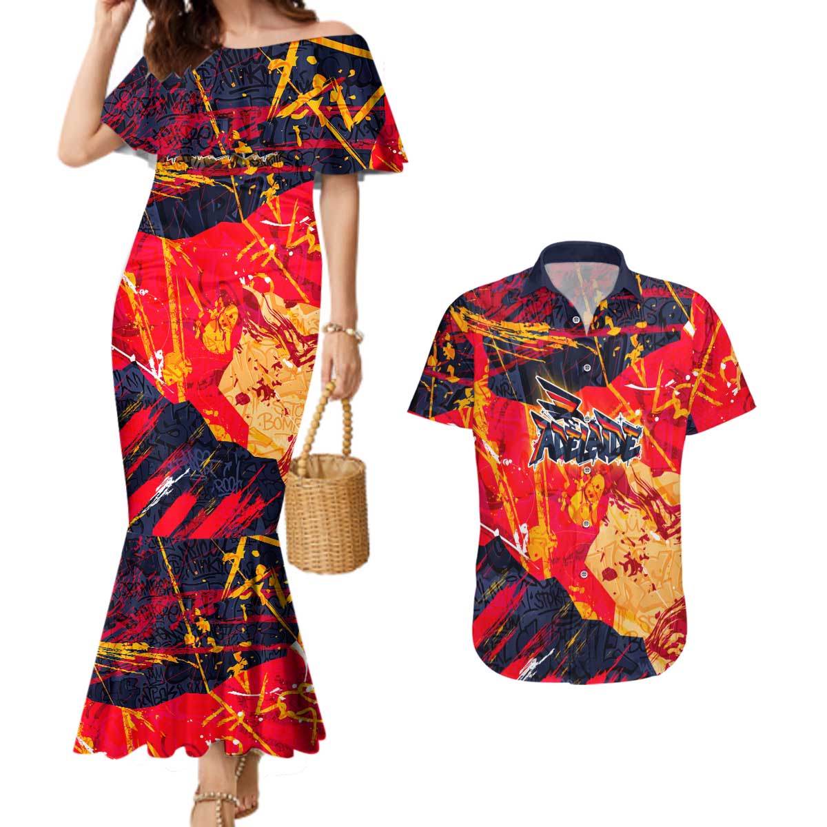 Personalized Adelaide Crows Couples Matching Mermaid Dress and Hawaiian Shirt Australian Graffiti Paint Splatter - Abstract Geometric