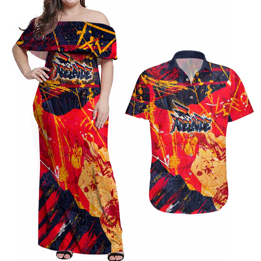 Personalized Adelaide Crows Couples Matching Off Shoulder Maxi Dress and Hawaiian Shirt Australian Graffiti Paint Splatter - Abstract Geometric