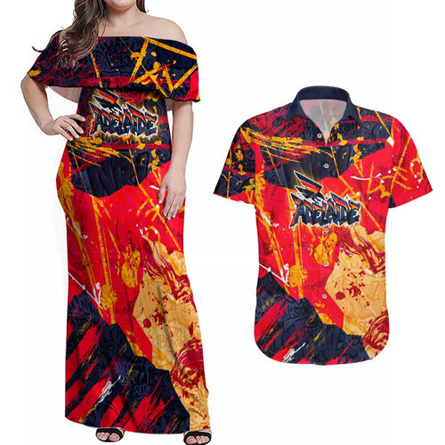 Personalized Adelaide Crows Couples Matching Off Shoulder Maxi Dress and Hawaiian Shirt Australian Graffiti Paint Splatter - Abstract Geometric